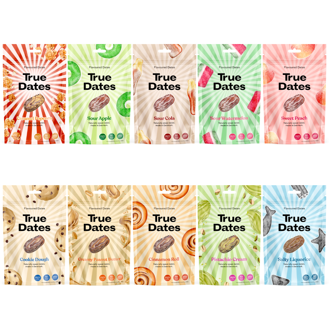 True Dates - Probierset 10 Sorten | Sour Cola, Sweet Peach, Creamy Peanut Butter, Cookie Dough, Salty Liquorice, Popcorn Caramel, Pistachio Cream, Cinnamon Roll, Sour Watermelon, Sour Apple | natürlich aromatisierte Datteln | 10x100 g