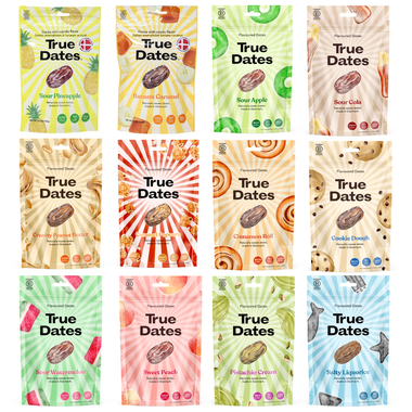 True Dates Probierset – 12 Sorten, 12×100g | Sour Pineapple, Banana Caramel, Sour Cola, Sweet Peach, Peanut Butter, Cookie, Salty Liquorice, Popcorn, Pistachio, Cinnamon Roll, Watermelon, Sour Apple | natürlich aromatisierte Datteln