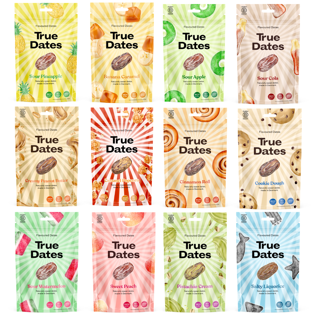 True Dates Probierset – 12 Sorten, 12×100g | Sour Pineapple, Banana Caramel, Sour Cola, Sweet Peach, Peanut Butter, Cookie, Salty Liquorice, Popcorn, Pistachio, Cinnamon Roll, Watermelon, Sour Apple | natürlich aromatisierte Datteln
