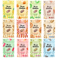 True Dates Probierset – 12 Sorten, 12×100g | Sour Pineapple, Banana Caramel, Sour Cola, Sweet Peach, Peanut Butter, Cookie, Salty Liquorice, Popcorn, Pistachio, Cinnamon Roll, Watermelon, Sour Apple | natürlich aromatisierte Datteln