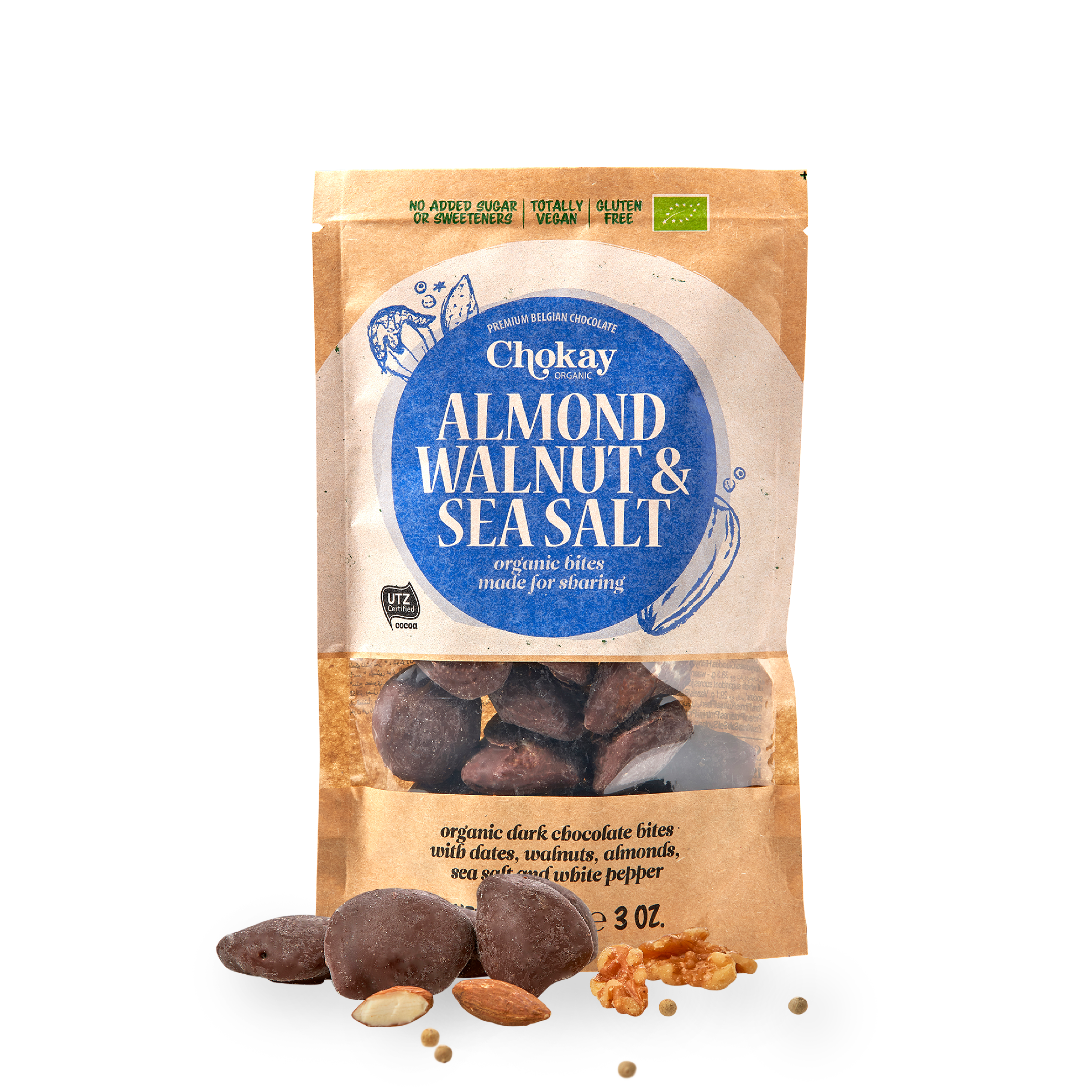 Chokay Almond, Walnut & Seasalt Bites Packung in Vorderansicht