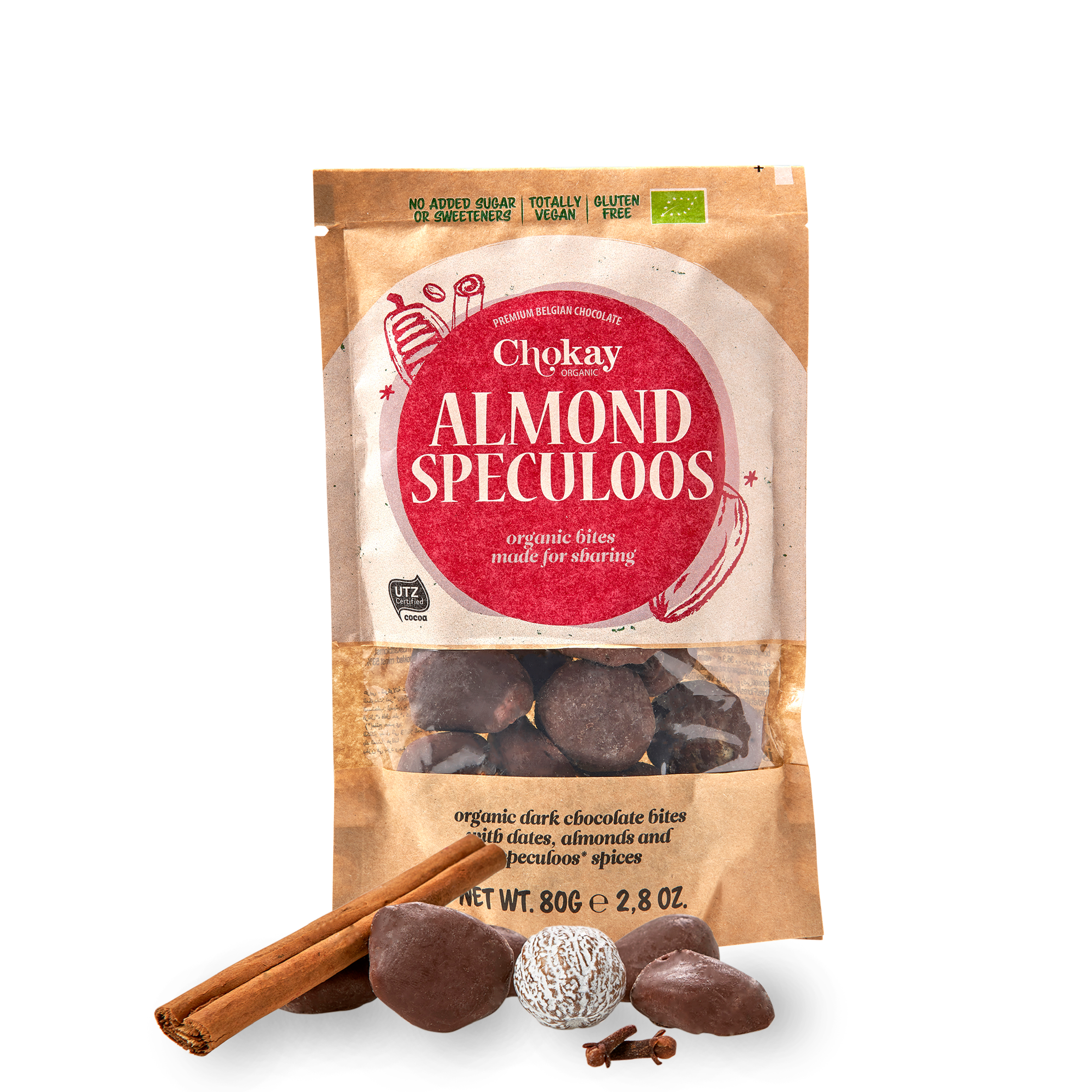 Chokay BIO Bites - ALMOND SPECULOOS | Zartbitter Schokolade gefüllt mit Mandeln, Datteln und Spekulationsgewürz 1x80g