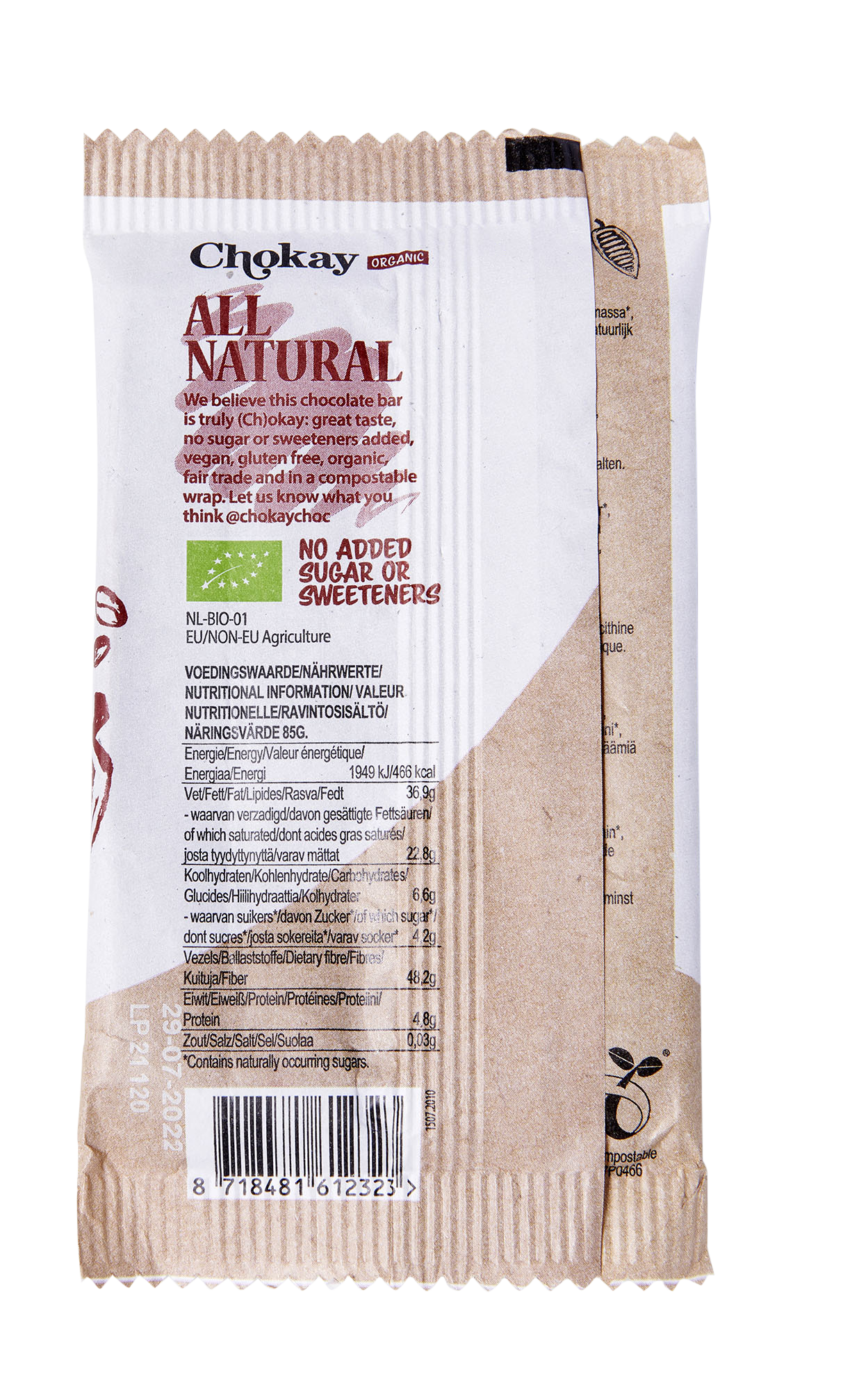 Chokay dunkle Bio Amazing Dark Schokoladen-Tafel Rückansicht