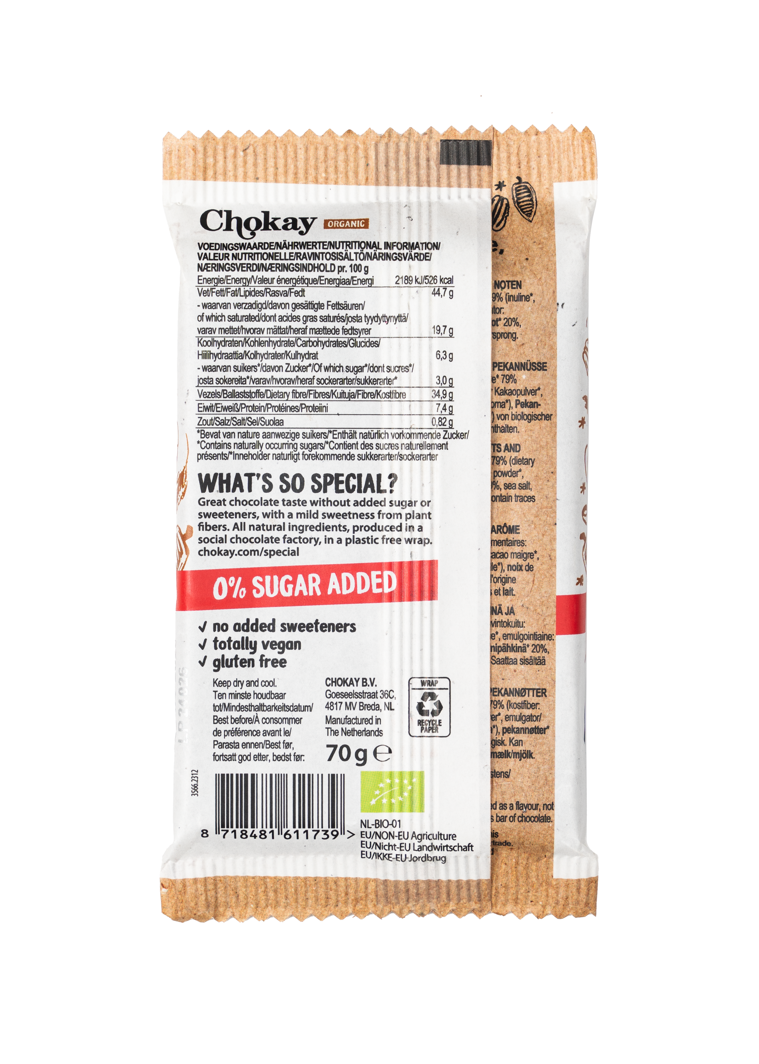 Chokay dunkle Bio Caramel Pecan Schokoladen-Tafel Rückansicht