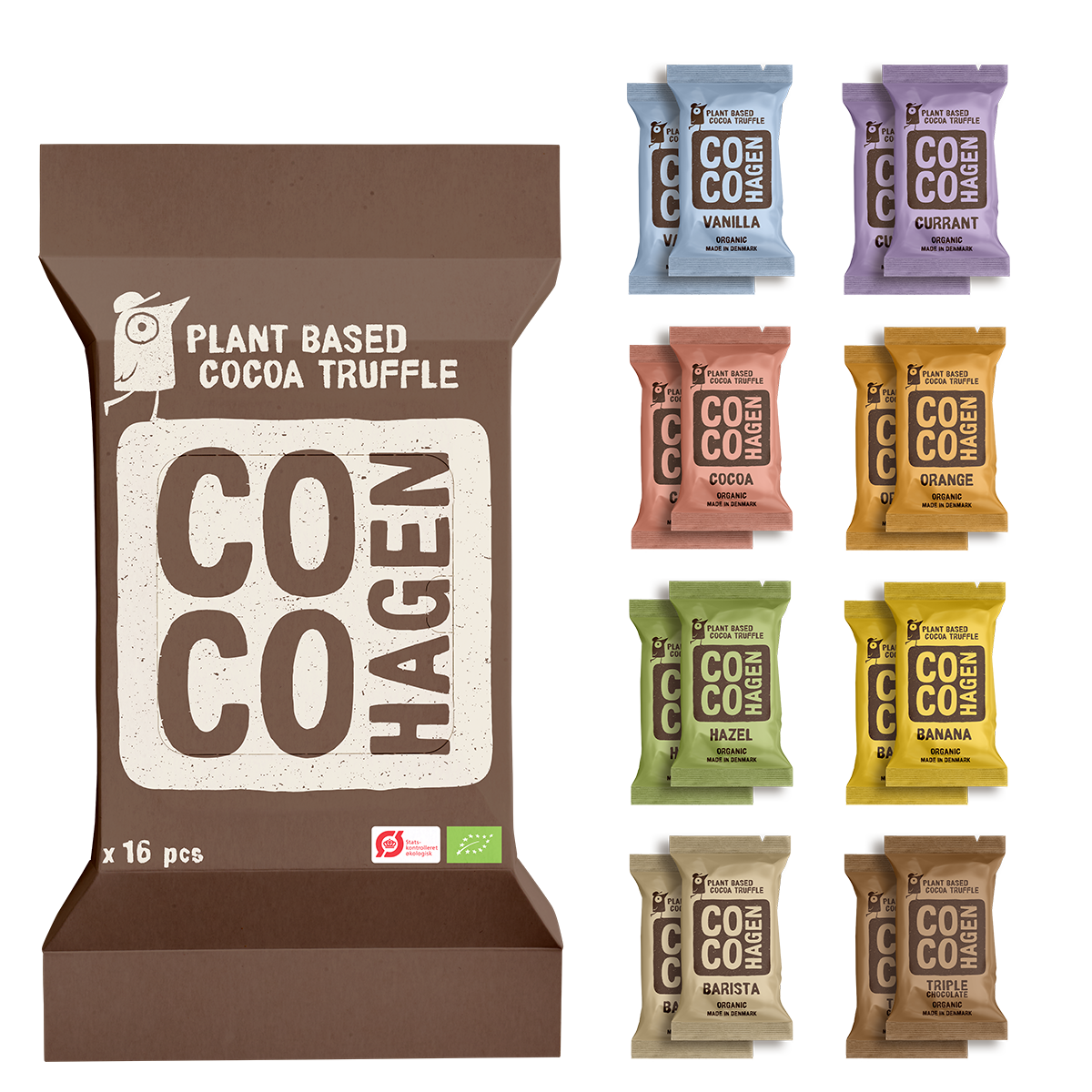 16 Cocohagen-Riegel – jeweils 2 von 
Cocoa, Hazel, Triple Chocolate, Barista, Vanilla, Orange, Banana und Currant.