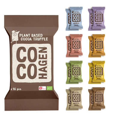 16 Cocohagen-Riegel – jeweils 2 von 
Cocoa, Hazel, Triple Chocolate, Barista, Vanilla, Orange, Banana und Currant.
