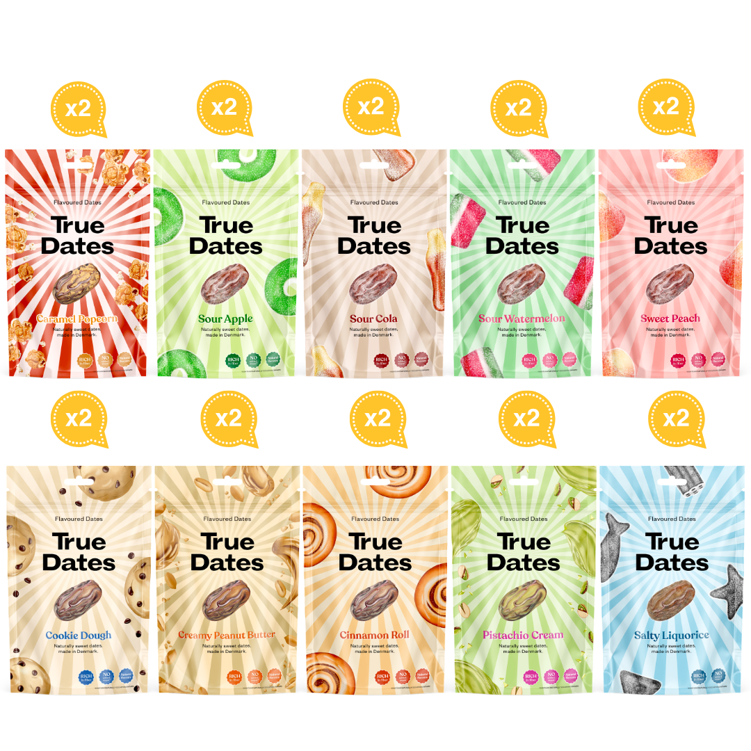 True Dates Probierset – 10 Sorten (je 2×), 20×100g | Sour Cola, Sweet Peach, Creamy Peanut Butter, Cookie Dough, Salty Liquorice, Popcorn Caramel, Pistachio Cream, Cinnamon Roll, Sour Watermelon, Sour Apple | natürlich aromatisierte Datteln