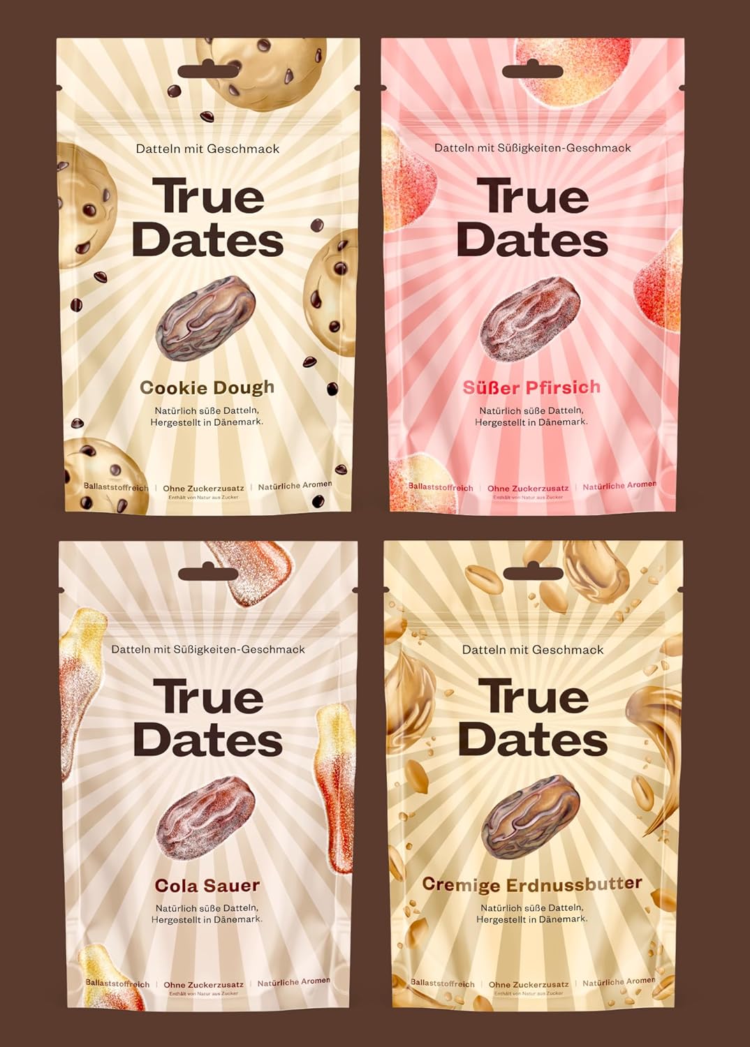 Vier Packungen True Dates Cookie Dough, Sauer Cola, Süßer Pfirsich und Cremige Erdnussbutter in Vorderansicht