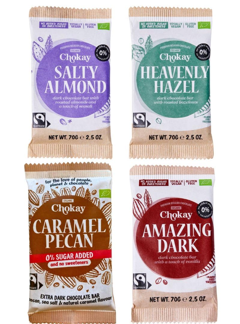 Vier Tafeln Chokay dunkle Bio Schokolade: 1 Caramel Pecan, 1 Amazing Dark, 1 Salty Almond, 1 Heavenly Hazel in Vorderansicht