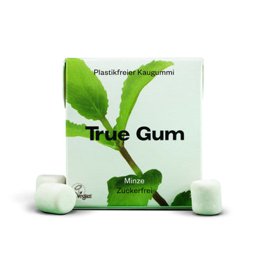 True Gum Minz Kaugummischachtel 21g, Vorderansicht, 3 Kaugummis sichtbar