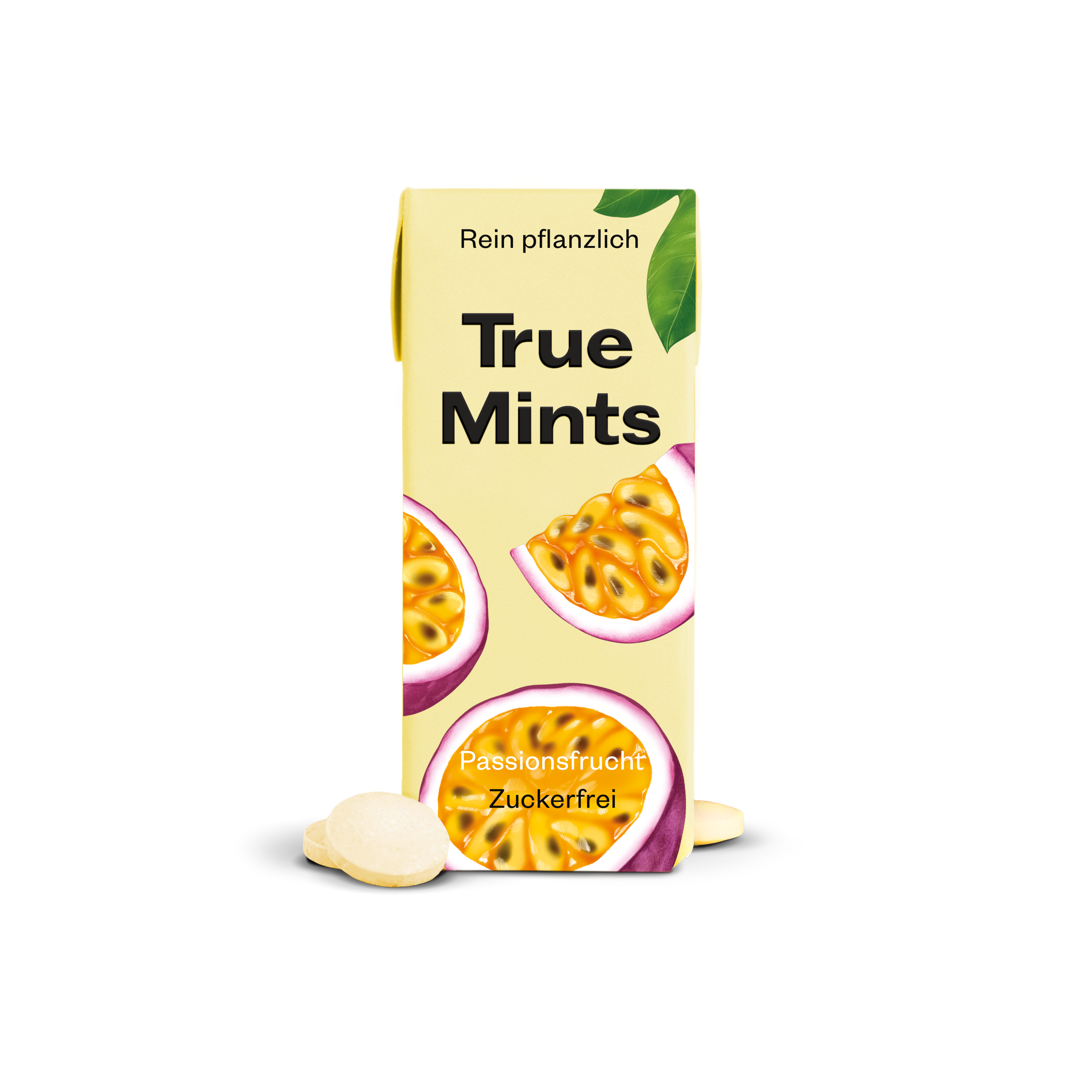True Mints Passionsfrucht Schachtel in Vorderansicht, Minz-Pastille sichtbar