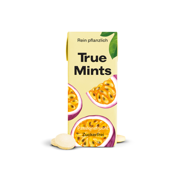 True Mints Passionsfrucht Schachtel in Vorderansicht, Minz-Pastille sichtbar