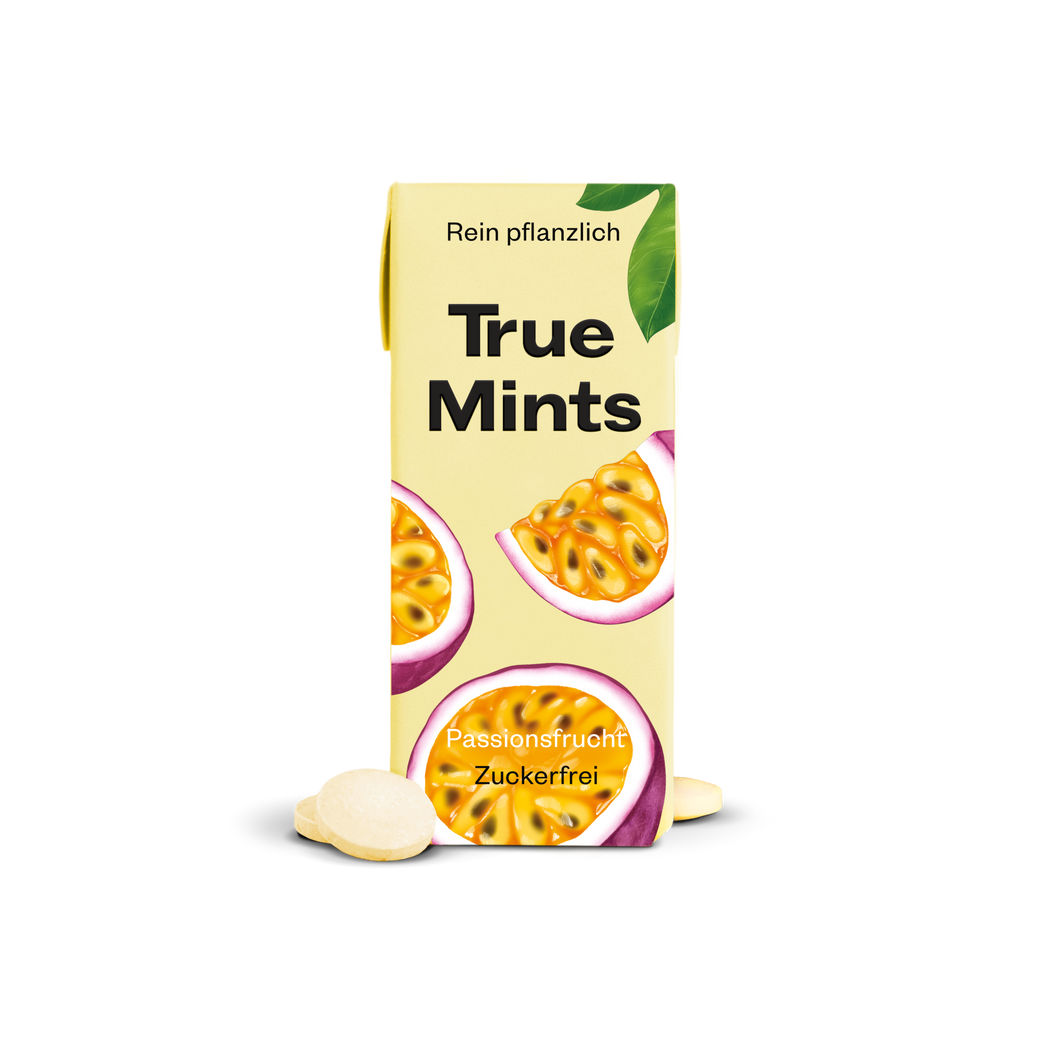 True Mints - PASSIONSFRUCHT | Pflanzliche Pastillen| Biologisch Abbaubar | Vegan | 13 g