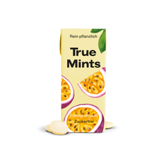 True Mints Passionsfrucht Schachtel in Vorderansicht, Minz-Pastille sichtbar