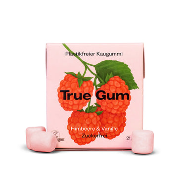 True Gum Himbeere & Vanille Kaugummischachtel 21g, Vorderansicht und 3 Kaugummis 