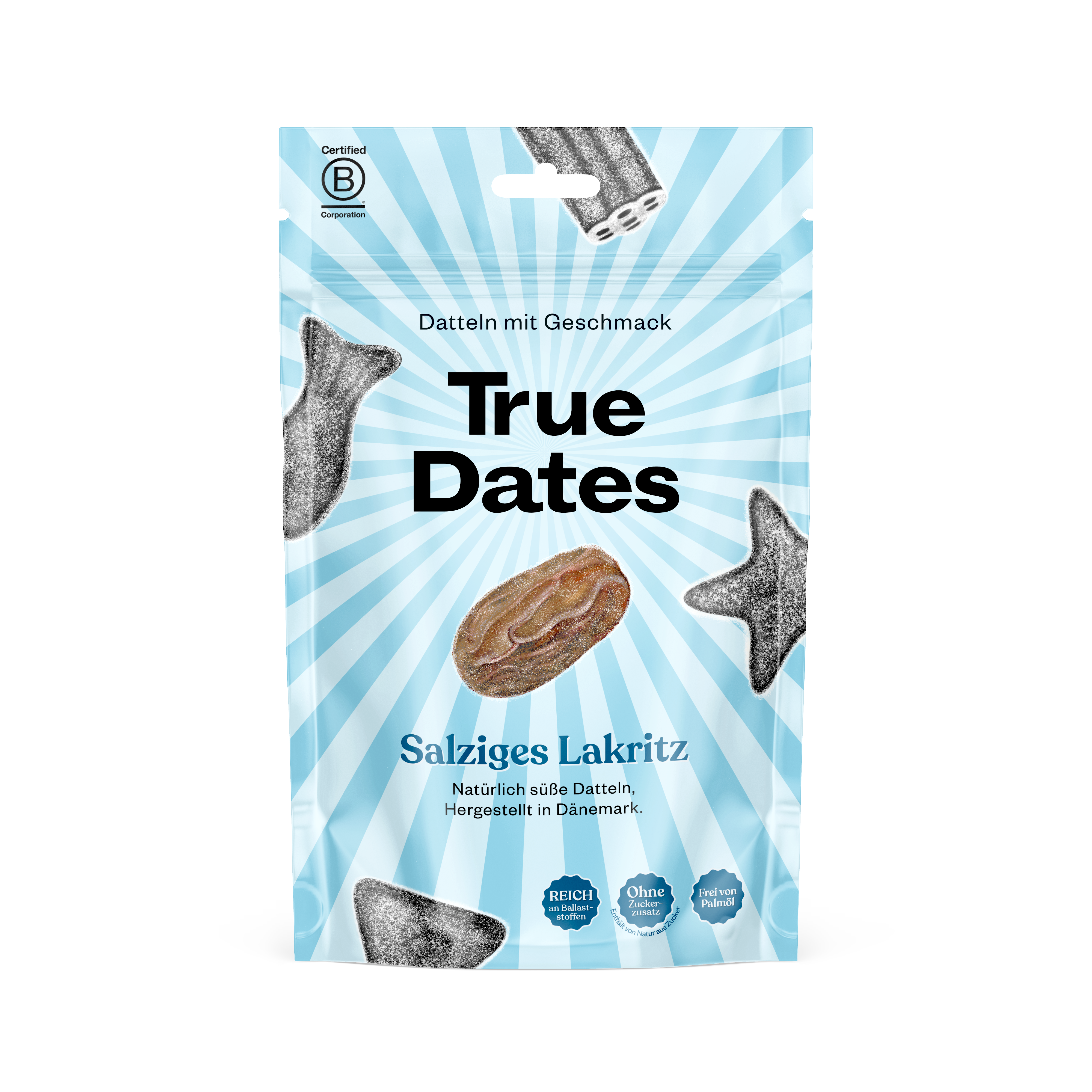 True Dates Salziges Lakritz Packung in Vorderansicht