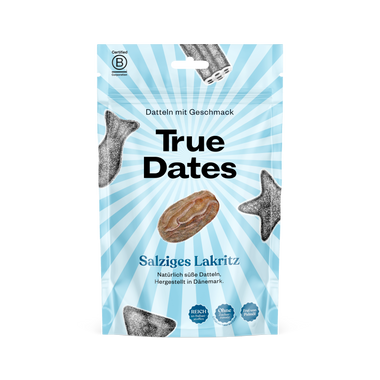 True Dates Salziges Lakritz Packung in Vorderansicht