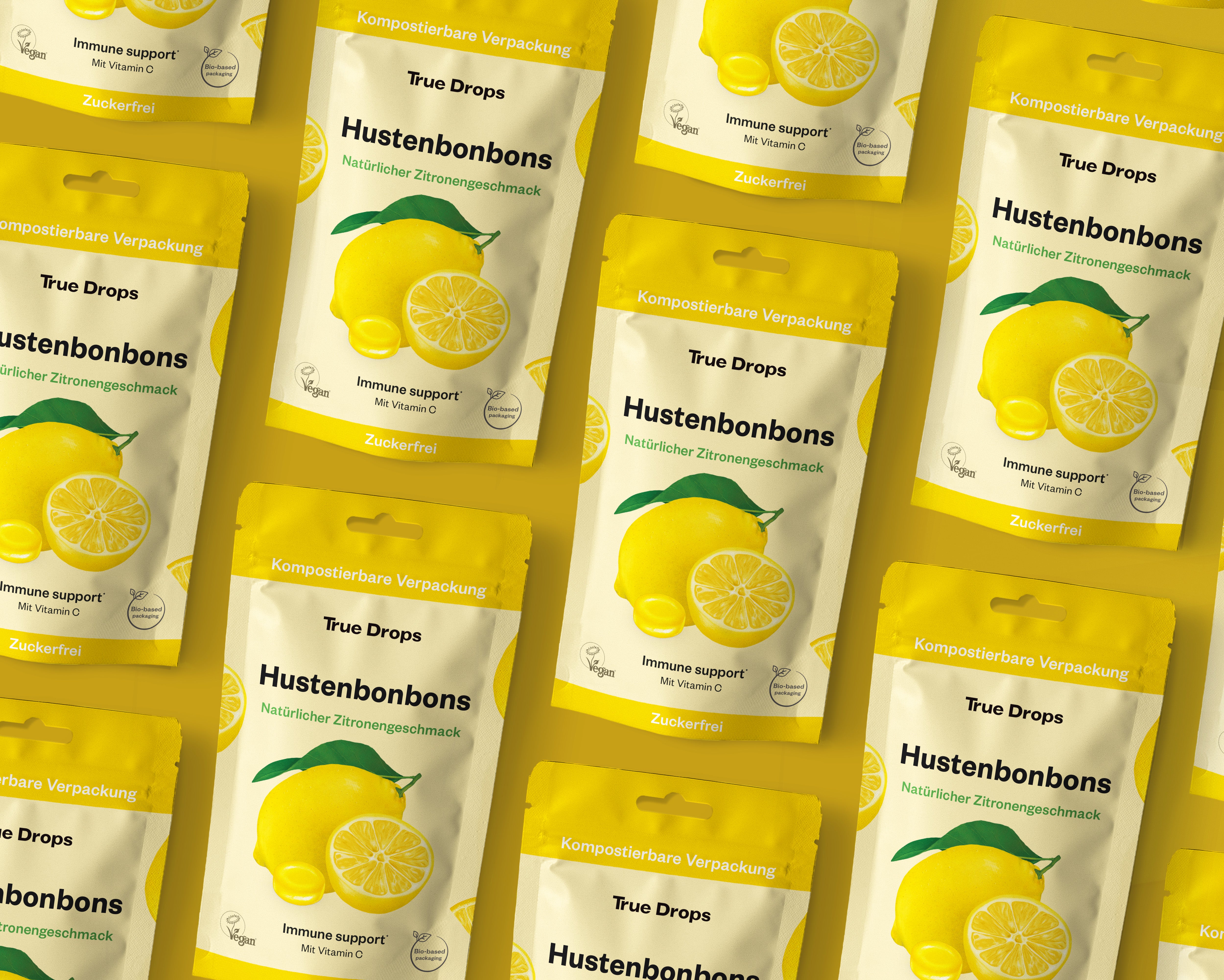 Viele True Drops Mentholbonbons Packungen in Vorderansicht