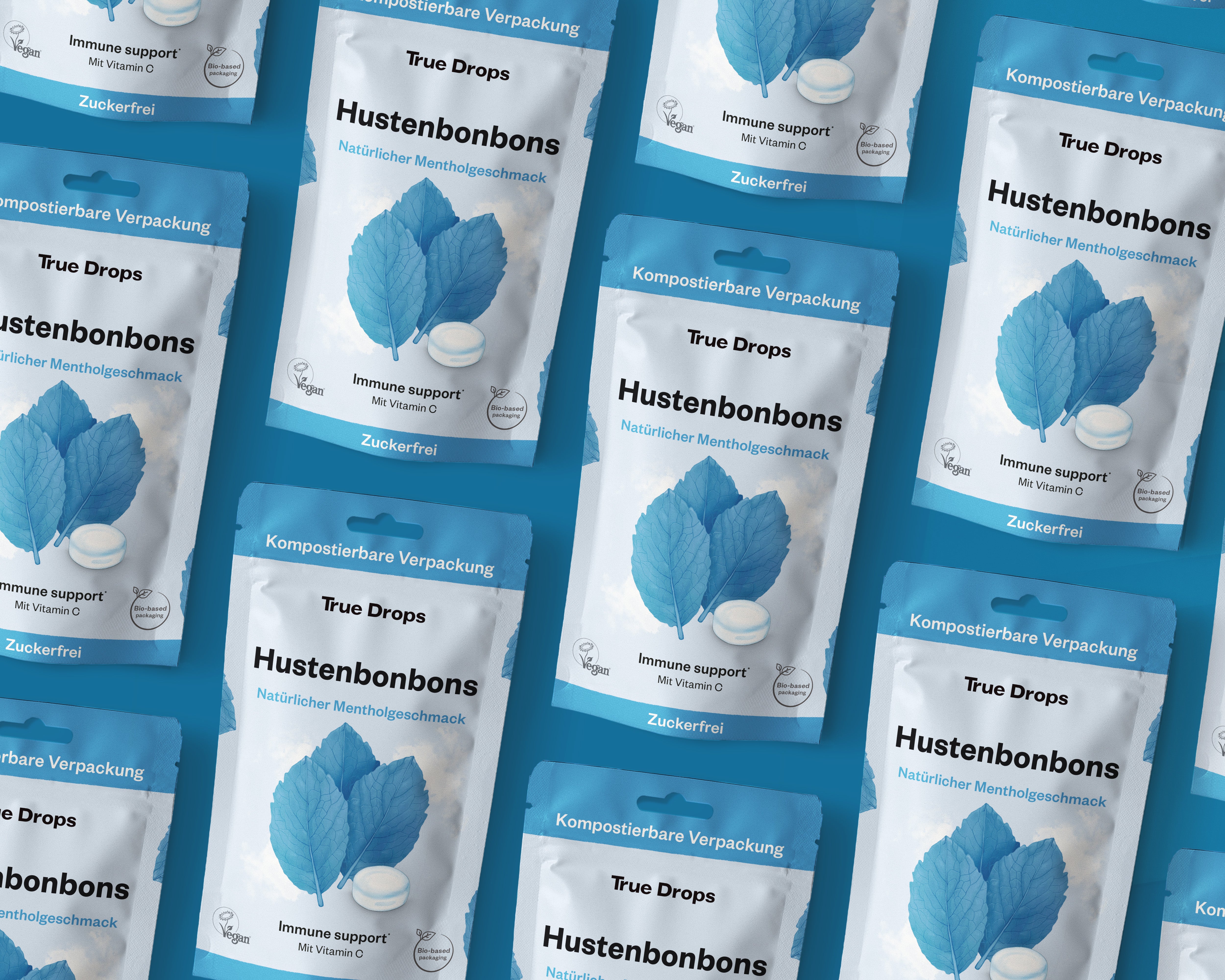 Viele True Drops Hustenbonbons- Packungen in Vorderansicht