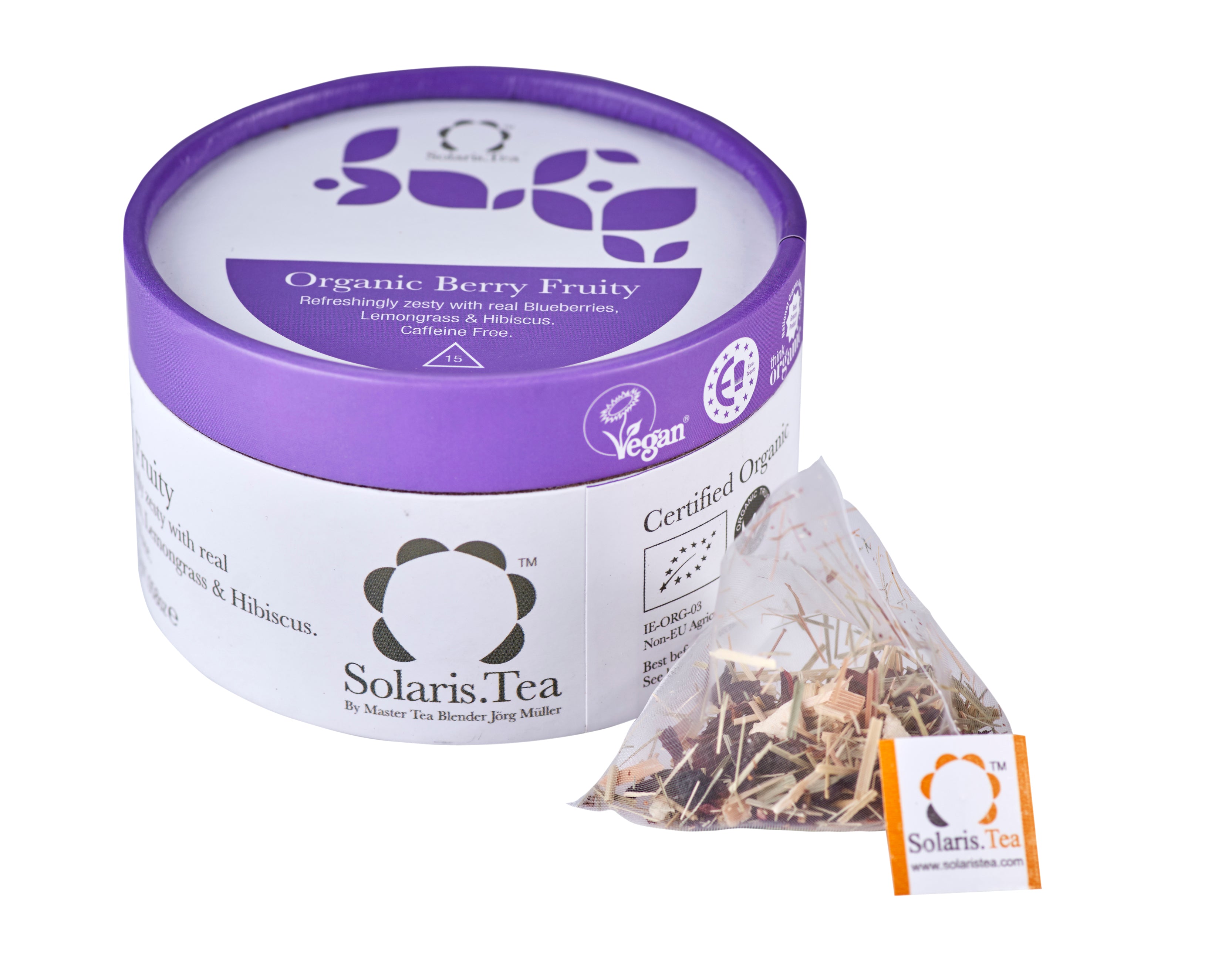 Solaris Berry Fruit Teepackung, Pyramiden Teebeutel daneben