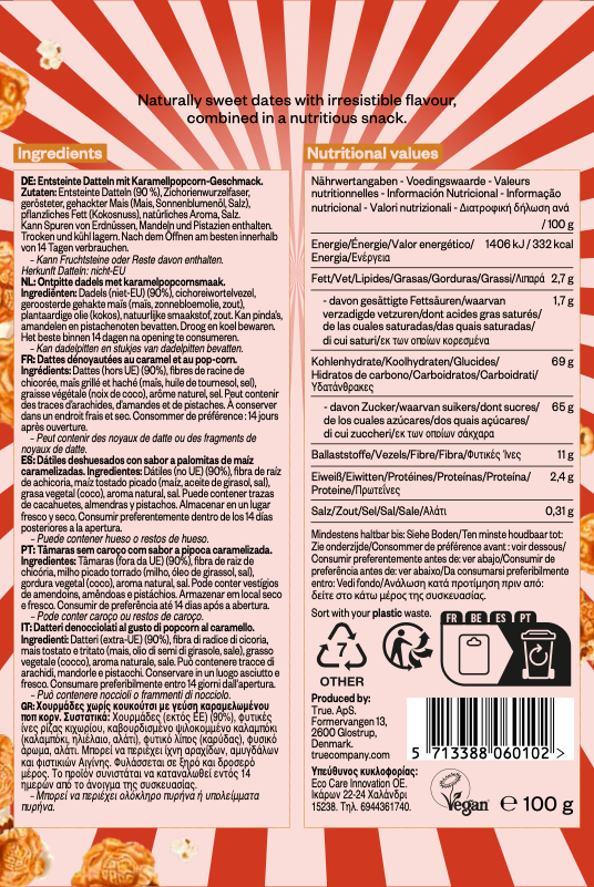 NEU & EXKLUSIV: True Dates - CARAMEL POPCORN | natürlich aromatisierte Datteln | Karamell-Popcorn  | 100 g