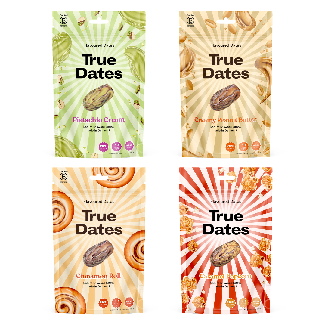 True Dates - Probierset 4 Sorten | Pistachio Cream, Cinnamon Roll, Creamy Peanut Butter, Caramel Popcorn | natürlich aromatisierte Datteln | 4x100 g
