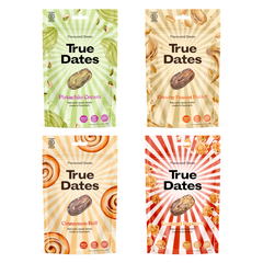 True Dates - Probierset 4 Sorten | Pistachio Cream, Cinnamon Roll, Creamy Peanut Butter, Caramel Popcorn | natürlich aromatisierte Datteln | 4x100 g