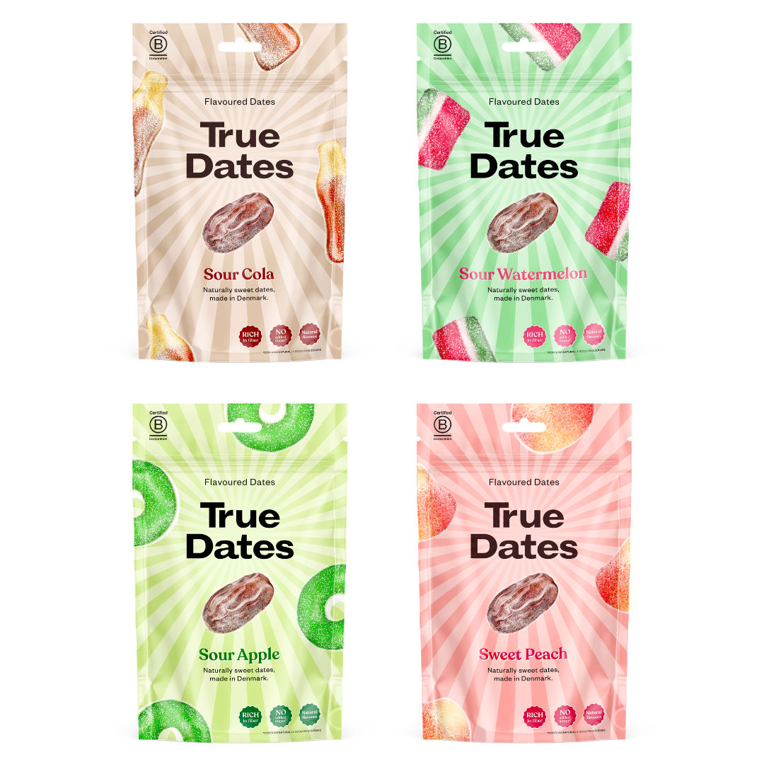True Dates - Probierset 4 Sorten | Sour Watermelon, Sour Apple, Sour Cola, Sweet Peach | natürlich aromatisierte Datteln | 4x100 g