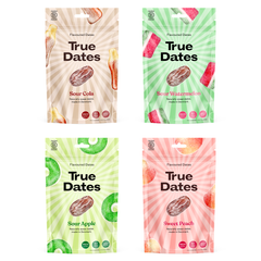 True Dates - Probierset 4 Sorten | Sour Watermelon, Sour Apple, Sour Cola, Sweet Peach | natürlich aromatisierte Datteln | 4x100 g