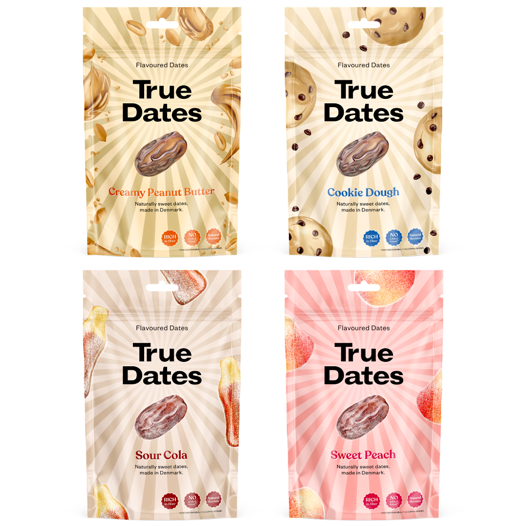 True Dates - Probierset 4 Sorten | Sour Cola, Sweet Peach, Creamy Peanut Butter, Cookie Dough | natürlich aromatisierte Datteln | 4x100 g
