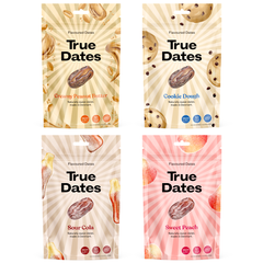True Dates - Probierset 4 Sorten | Sour Cola, Sweet Peach, Creamy Peanut Butter, Cookie Dough | natürlich aromatisierte Datteln | 4x100 g