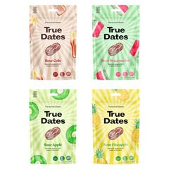 True Dates - Probierset 4 Sorten | Sour Watermelon, Sour Apple, Sour Cola, Sour Pineapple | natürlich aromatisierte Datteln | 4x100 g