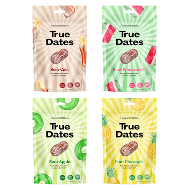 True Dates Aromatisierte Datteln 4 x 100 g – Probierbox mit innovativen Candy & Dessert Aromen – gesündere Süßigkeiten Alternative – vegan & ohne Zuckerzusatz