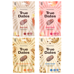 True Dates Aromatisierte Datteln 4 x 100 g – Probierbox mit innovativen Candy & Dessert Aromen – gesündere Süßigkeiten Alternative – vegan & ohne Zuckerzusatz