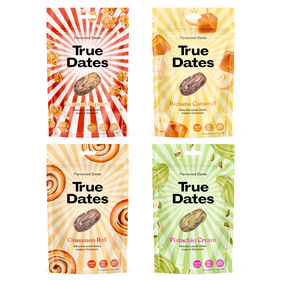 True Dates - Probierset 4 Sorten | Pistachio Cream, Cinnamon Roll, Banana Caramel, Caramel Popcorn | natürlich aromatisierte Datteln | 4x100 g