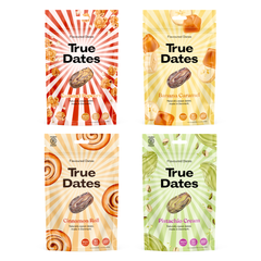 True Dates - Probierset 4 Sorten | Pistachio Cream, Cinnamon Roll, Banana Caramel, Caramel Popcorn | natürlich aromatisierte Datteln | 4x100 g