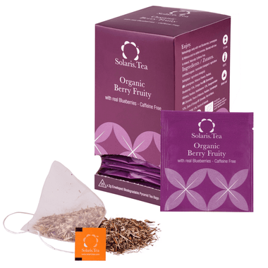 Solaris Berry Fruity Tee Packung 25x2g, offener und verpackter Pyramidenteebeutel