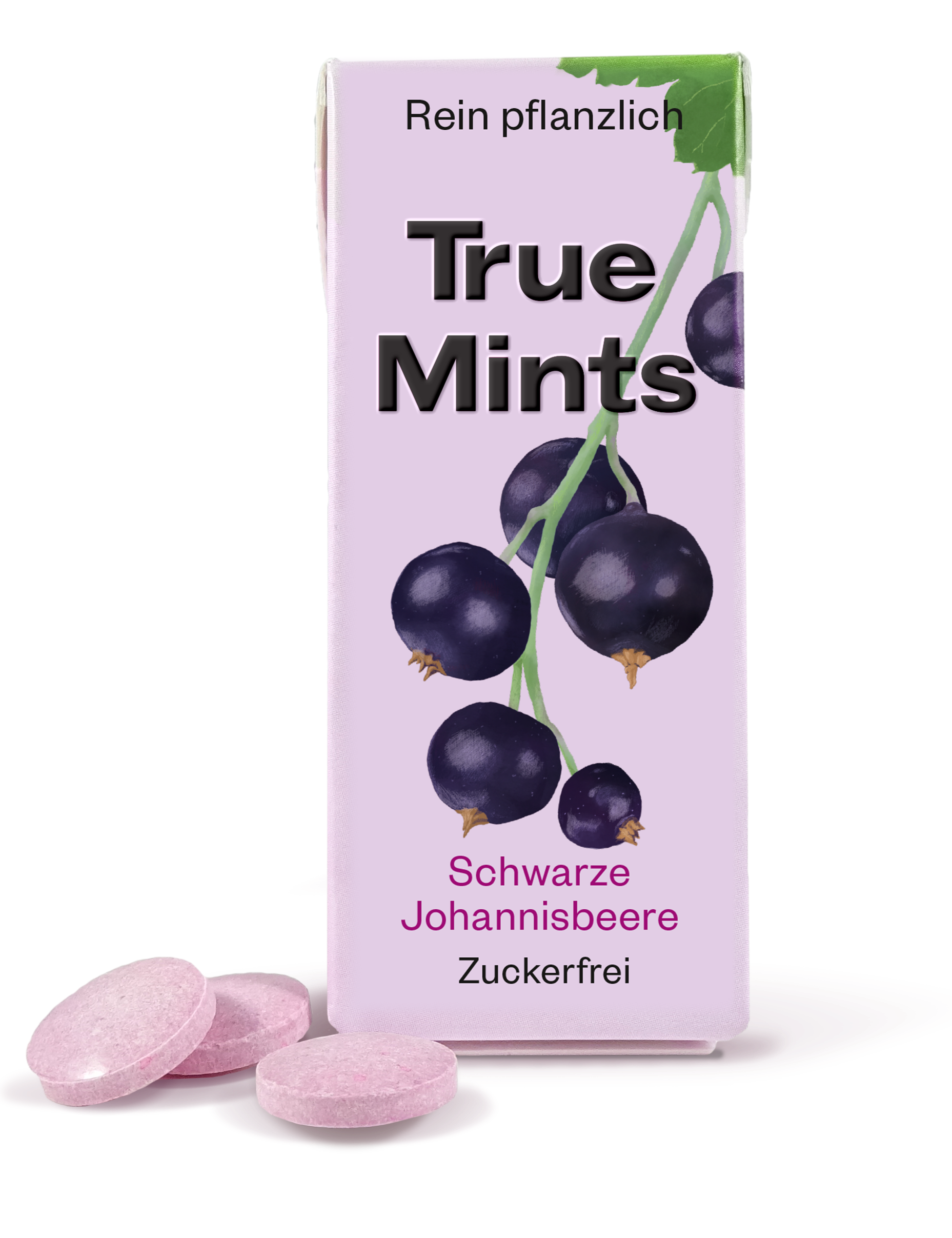 True Mints Johannisbeere Schachtel in Vorderansicht, 3 Minz-Pastillen sichtbar