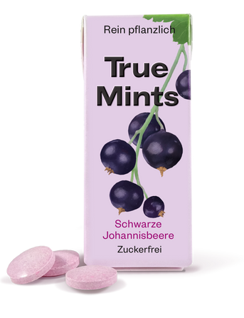 True Mints Johannisbeere Schachtel in Vorderansicht, 3 Minz-Pastillen sichtbar