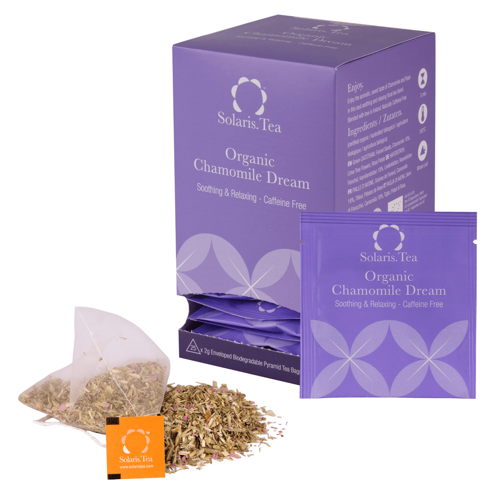 Solaris Chamomile Dream Tee Packung 25x2g, offener und verpackter Pyramidenteebeutel