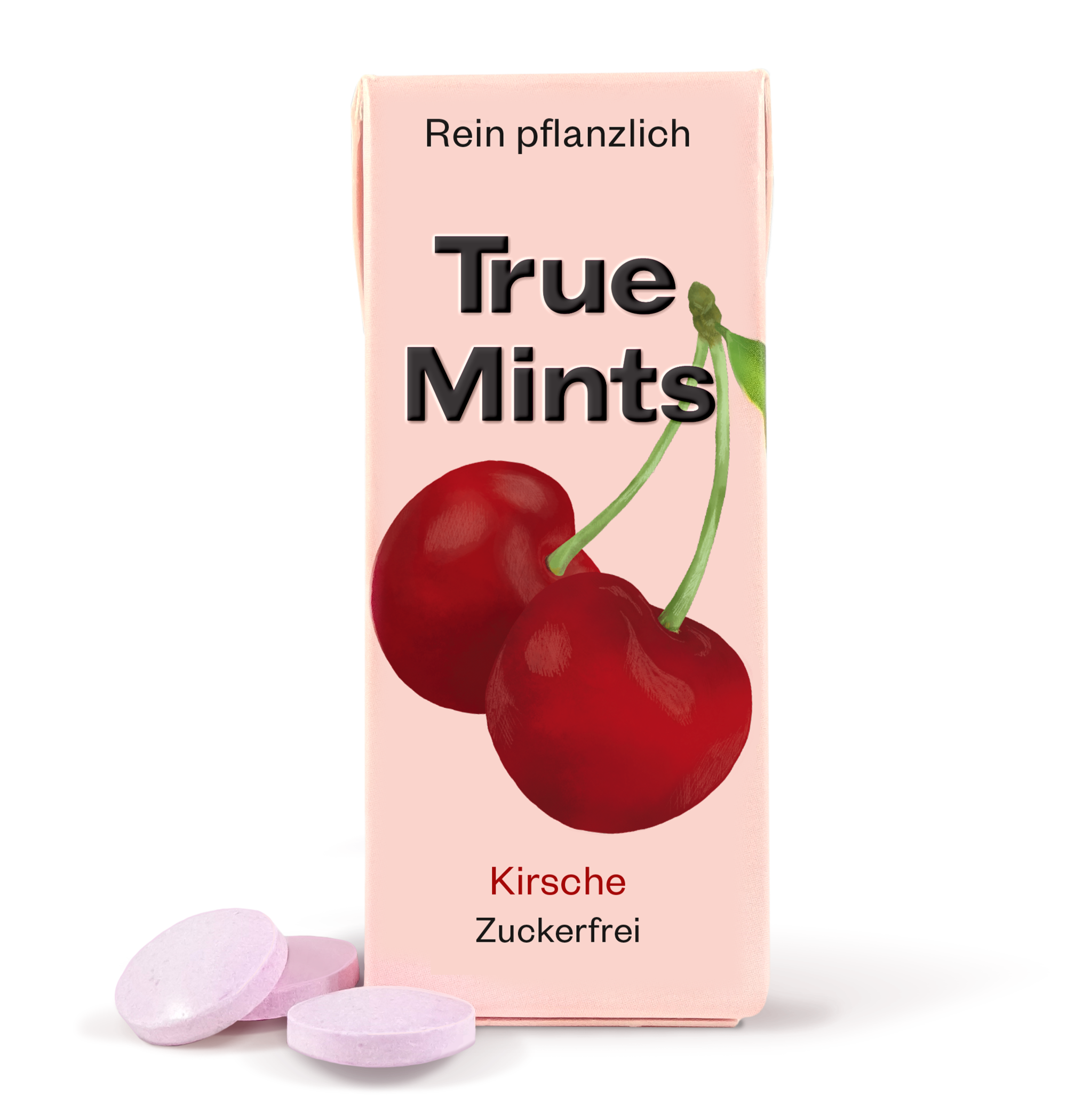 True Mints Kirsche Schachtel in Vorderansicht, 3 Minz-Pastillen sichtbar