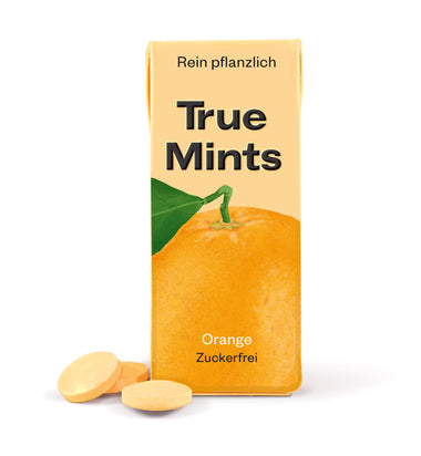 True Mints Orange Schachtel in Vorderansicht, 3 Minz-Pastillen sichtbar