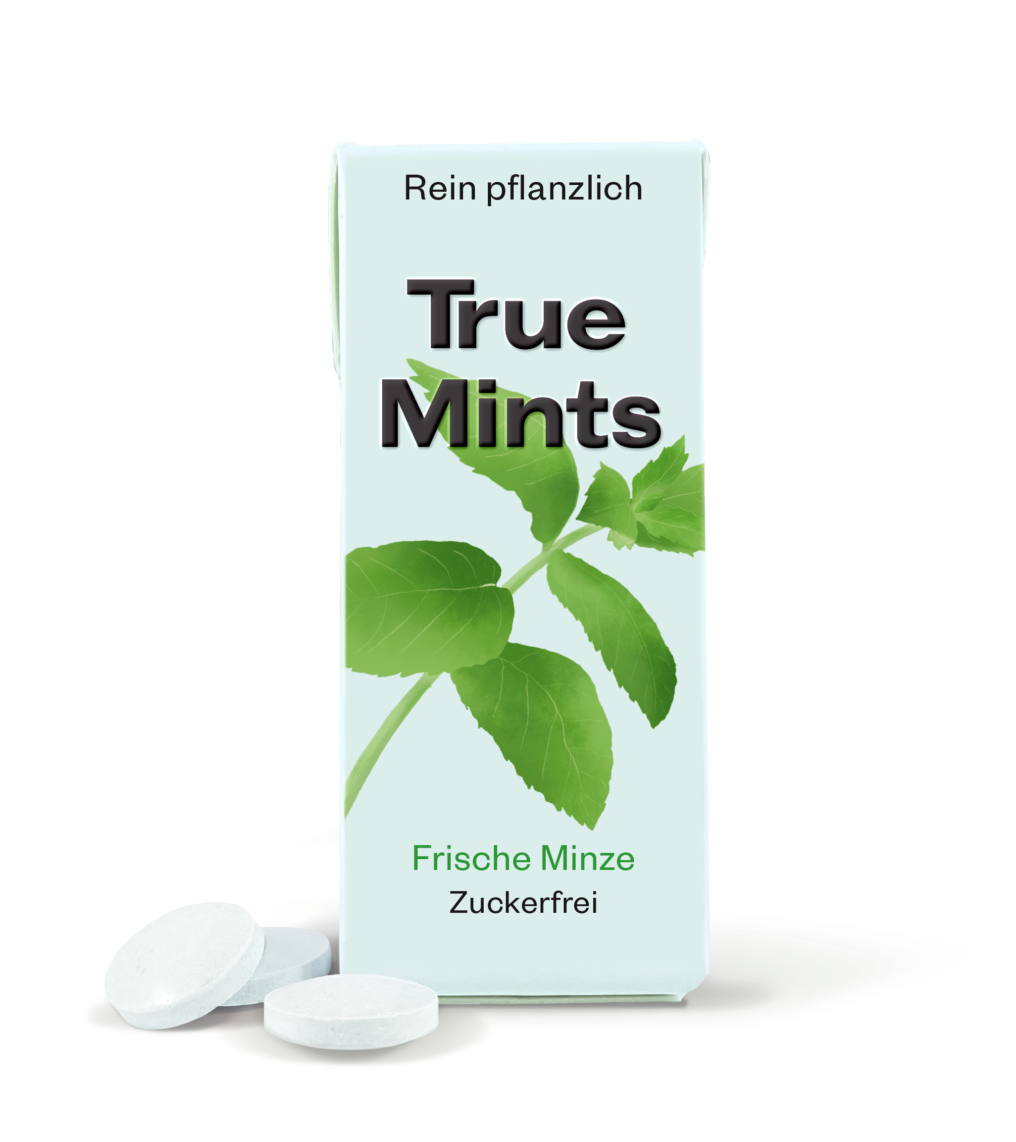 True Mints Frische Minze Schachtel, Vorderansicht und 3 Pastillen 