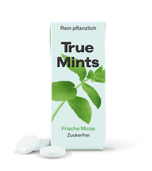 True Mints Frische Minze Schachtel, Vorderansicht und 3 Pastillen 