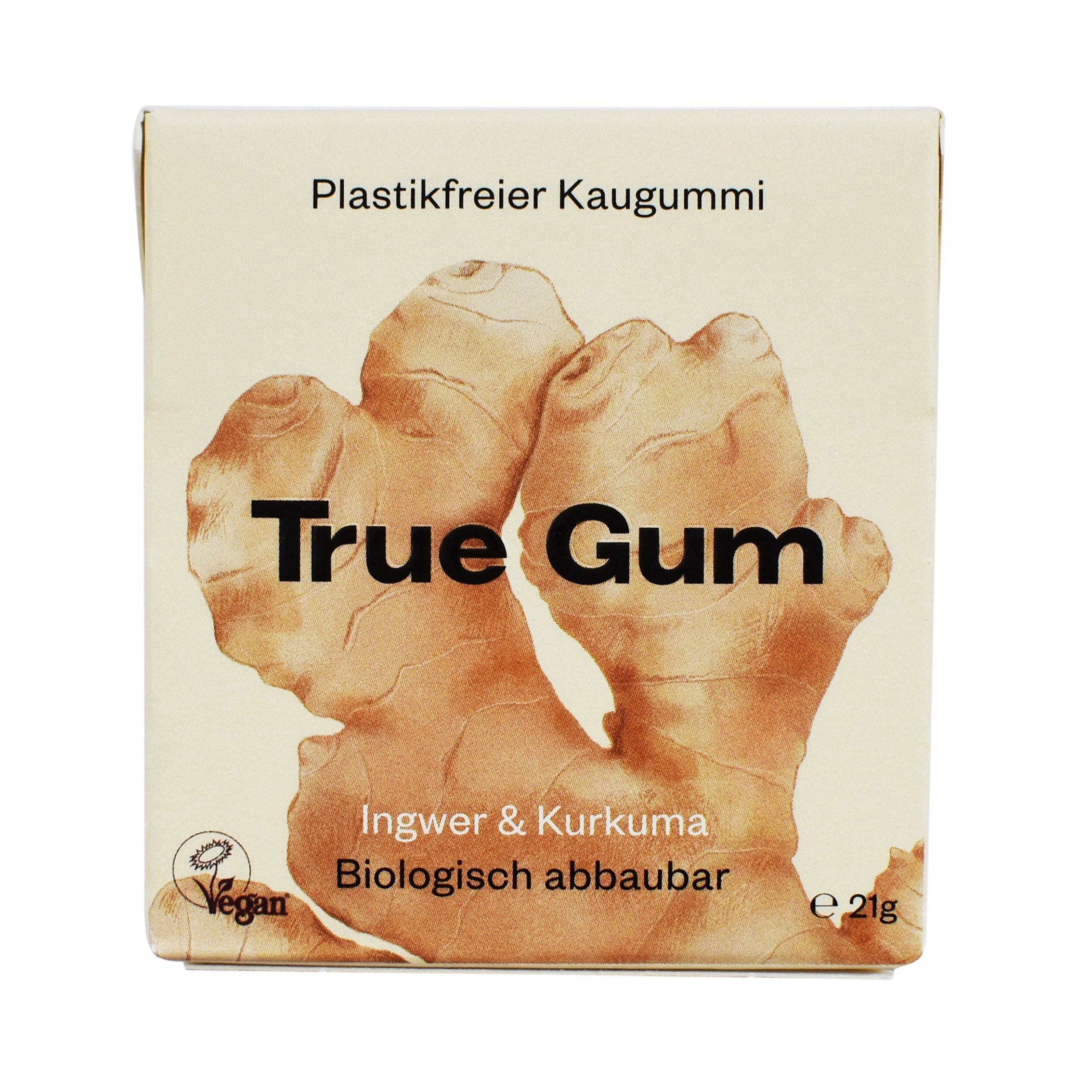 True Gum Ingwer & Kurkuma Kaugummischachtel 21g, Vorderansicht