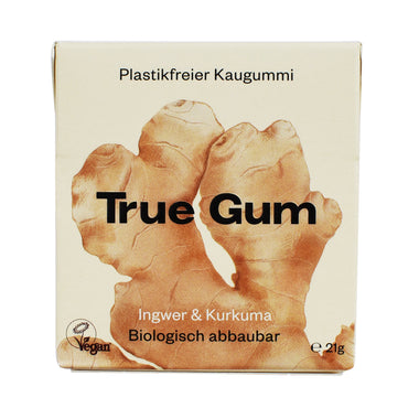 True Gum Ingwer & Kurkuma Kaugummischachtel 21g, Vorderansicht