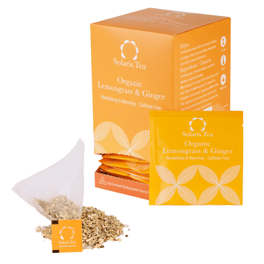Solaris Zitronengras & Ingwer Tee Packung 25x2g, offener und verpackter Pyramidenteebeutel
