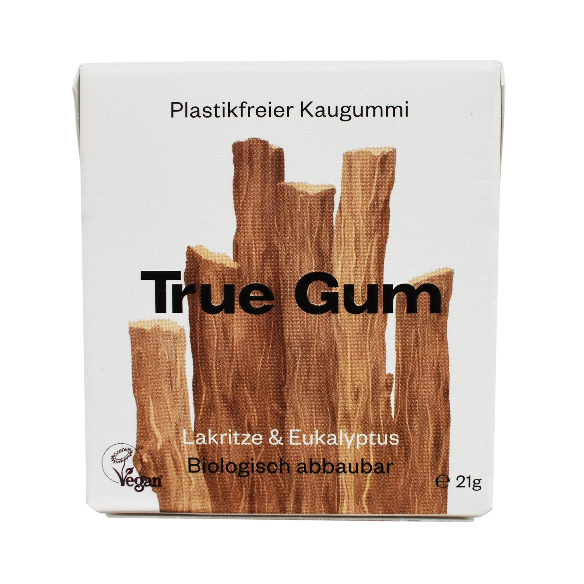 True Gum Lakritze & Eukalyptus Kaugummischachtel 21g, Vorderansicht