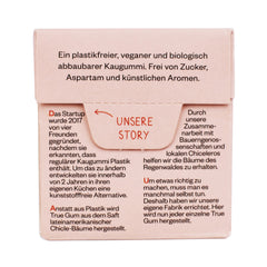 True Gum Himbeere & Vanille Kaugummischachtel 21g, Rückansicht
