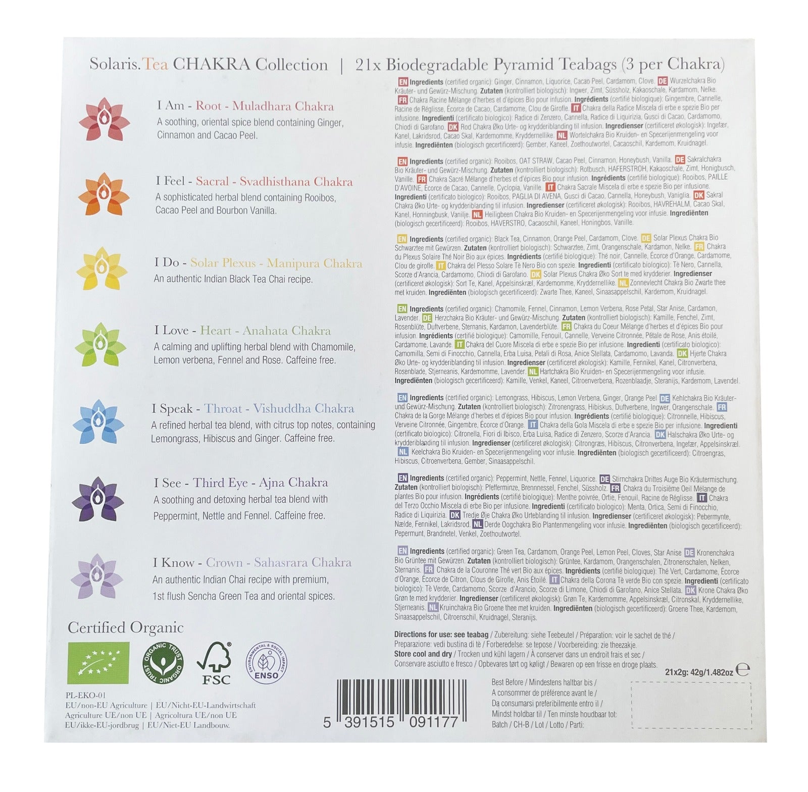 Quadratische Karte mit Informationen zu den Chakra Tees i am, i feel, i do, i love, i speak, i see und i know und den Zutaten der einzelnen Tees